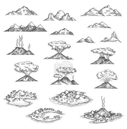 Illustration for Island mountains and volcano sketch, vector treasure map landscape elements . Volcano lava eruption at sea or ocean beach, sketch etching tropical cove bay with volcanic mountains on island coast - Royalty Free Image
