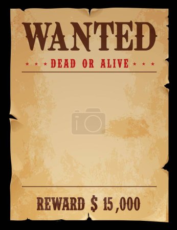 Illustration for Western wanted banner. Dead or alive vintage poster. Outlaw or criminal hunter reward, Wild West sheriff award, law and justice vector frame or paper banner with torn and ripped sides - Royalty Free Image