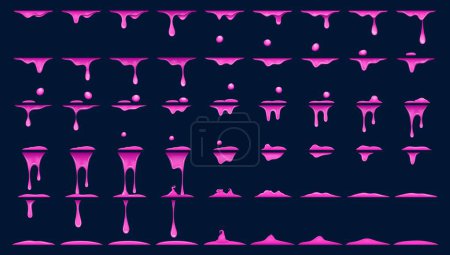 Illustration for Purple slime animation, animated sprite of pink dripping goo. Cartoon vector liquid jam, mucus or phlegm sprite sheet fx effect, toxic splash drops sequence frame. Splatters of magic potion motion - Royalty Free Image
