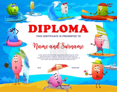 Illustration for Kids diploma cartoon vitamin characters on summer vacation. Vector certificate with B1, P, U, A and N, B5 and B6, H and relaxing on sea beach. Award frame for healthy lifestyle achievements - Royalty Free Image