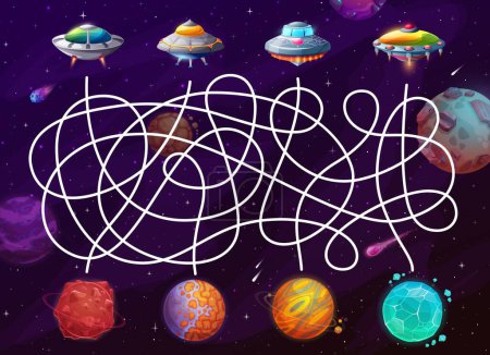 Illustration for Labyrinth maze. Help to UFO find a space planet. Children labyrinth maze, find way playing activity vector worksheet, search path quiz with alien starships, flying sauces and space fantastic planets - Royalty Free Image
