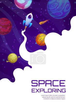 Landing page space. Flying space rocket, planets and comet. Business project website background, company web page vector template or startup launch banner with spaceship, fantastic galaxy planets