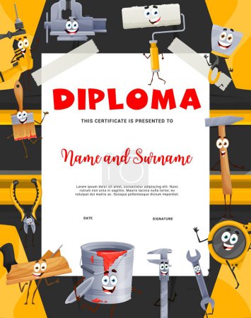 Illustration for Kids builder diploma, cartoon construction and diy tool characters. Profession achievement certificate or work appreciation vector diploma with vice, hammer, cutters and wrench, paint brush and bucket - Royalty Free Image