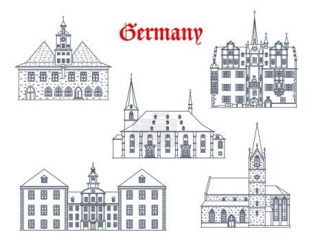 Illustration for Germany, Jena, Erfurt, Saalfeld city buildings, vector German architecture. Thuringia travel landmarks, Weimar Herderkirche or St Peter and Paul church, Kaufmannskirche, palace and rathaus city hall - Royalty Free Image