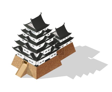 Téléchargez les illustrations : Château japonais abstrait isométrique, fort japonais ou fortification, pagode de temple vectoriel. Forteresse citadelle japonaise ou palais médiéval avec tours, maison de défense samouraï avec mur et pont de porte - en licence libre de droit