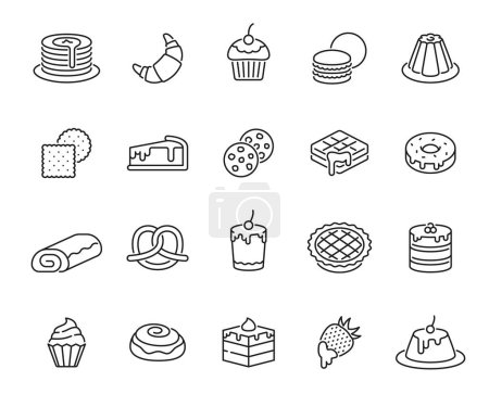 Illustration for Dessert line icons. Sweet pastry and bake outline pictograms or symbols of pancake, strudel and croissant, muffin, cheesecake and cookies, pudding, cake, waffles and donut, pretzel, apple pie, bun - Royalty Free Image