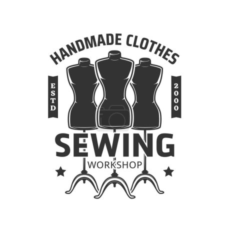 Illustration for Sewing industry icon with mannequins. Tailor workshop, custom and handmade clothing atelier, dressmaker service monochrome vector symbol, retro emblem or label with woman body dummies - Royalty Free Image