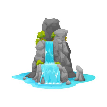 Cartoon mountain waterfall, water cascade. Environment and nature scene, jungle and rainforest river waterfall, nature park clean water stream cascade falling from cliff isolated vector
