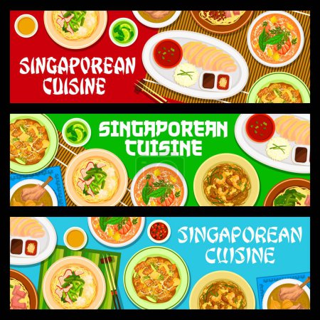 Ilustración de Banderas de comida de cocina singapurense, platos de Singapur y comidas de restaurantes, vector. Cocina singapurense arroz tradicional con pollo y fideos comidas de sopa, wontons y verduras frutas ensalada rojak - Imagen libre de derechos