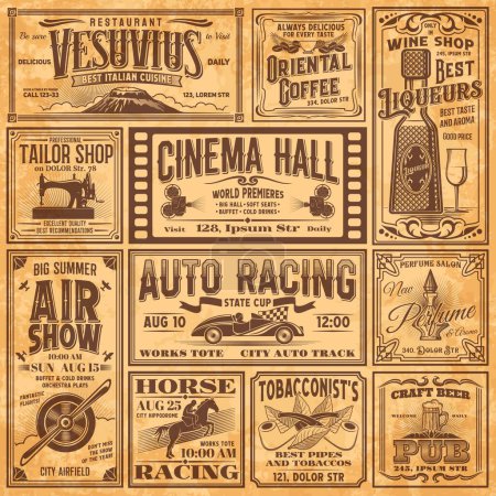 Illustration for Vintage newspaper banners, old advertising. Vector ads for italian restaurant, coffee, wine and tailor shop. Cinema hall, air show, auto and horse racing, tobacco products and craft beer with perfume - Royalty Free Image