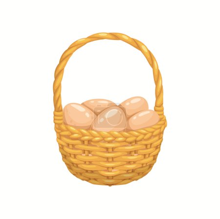 Illustration for Cartoon chicken eggs in basket, isolated vector wicker pottle with pile of fresh brown eggs on white background, Easter celebration, poultry farm production, healthy food - Royalty Free Image