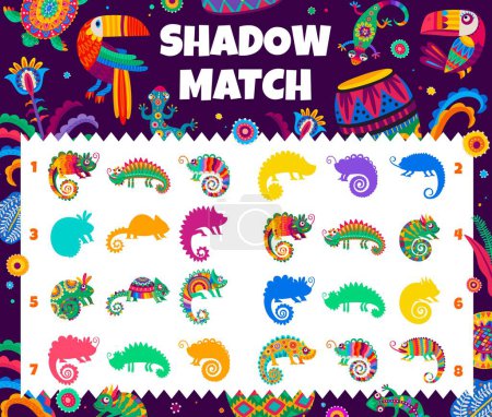 Illustration for Shadow match game. Cartoon mexican chameleon lizards, Brazil or Mexican jungle reptile, funny colorful animals silhouettes on kids matching game, children puzzle or image compare quiz vector worksheet - Royalty Free Image