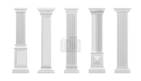 Illustration for Marble antique column and pillars. Isolated vector set of ancient classic stone shafts. Roman or greece architecture elements with groove ornament for interior facade design realistic 3d mockup - Royalty Free Image