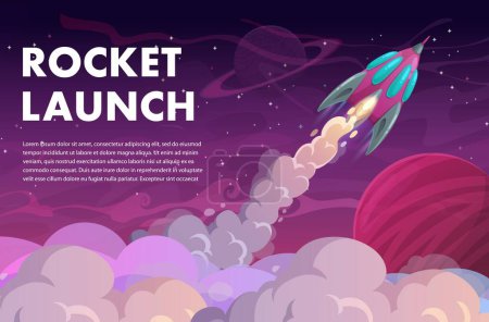 Illustration for Rocket launch to galaxy space, fast start theme with cartoon rocket and chemtrail clouds. Vector poster with shuttle take off to outer space with smog trail. Successful project startup, career boost - Royalty Free Image