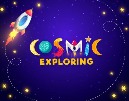 Illustration for Cartoon space landscape background with rocket and stars. Vector design for kids with flying shuttle and creative childish typography cosmic exploring in purple starry sky. Universe investigation - Royalty Free Image