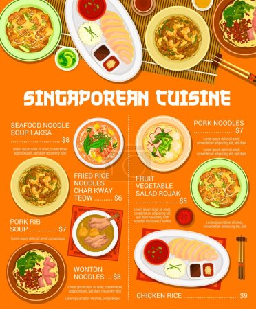 Illustration for Singaporean cuisine menu, Singapore Asian food, vector rice, chicken and soup noodles dish. Singaporean cuisine traditional wontons or authentic dumplings with seafood laksa, vegetables and pork meat - Royalty Free Image