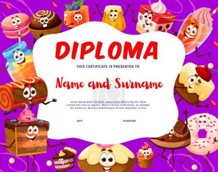 Illustration for Kids diploma cartoon desserts, bakery and sweets characters. Vector achievement award frame template with cute macaroon, cake, donut, honey and cupcake. Baba, cocktail, roll and cheesecake personages - Royalty Free Image