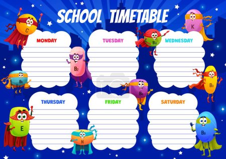 Illustration for Education timetable schedule. Cartoon cheerful superhero vitamin characters. School lesson daily planner, education classes vector weekly schedule with C, B, E and N, K vitamin hero funny personages - Royalty Free Image