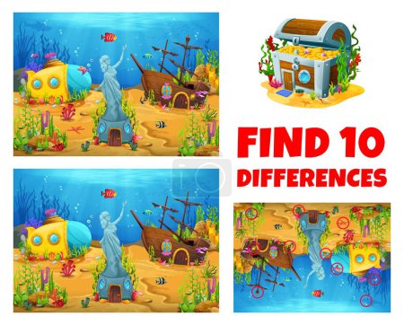 Finden Sie zehn Unterschiede Quiz. Unterwasserlandschaft mit versunkenen Schiffen. Kind-Unterschied-Suchrätsel, Kinder passendes Vektorspiel oder Quiz-Arbeitsblatt mit Cartoon versunkener Karavelle, U-Boot und Schatztruhe