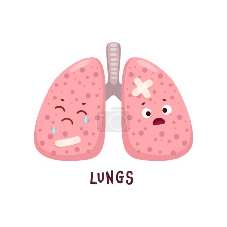 Lungs sick body organ character. Injured and unhealthy organ personage. Human body damage, physiology or medical problem, respiratory system sick and crying lungs organ cartoon personage with patch