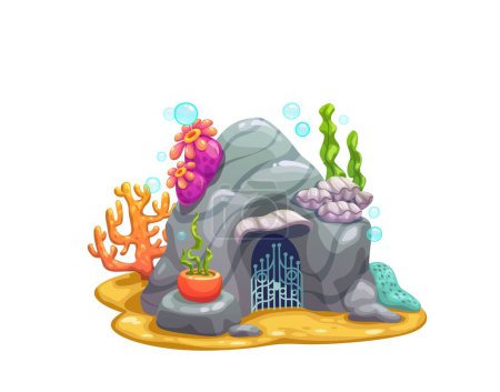 Illustration for Underwater cave, grotto or mainsail house building. Vector fantasy dwelling, mermaid or fish home inside of rock with forged gates, seaweeds and colorful corals undersea vegetation on sea bottom - Royalty Free Image