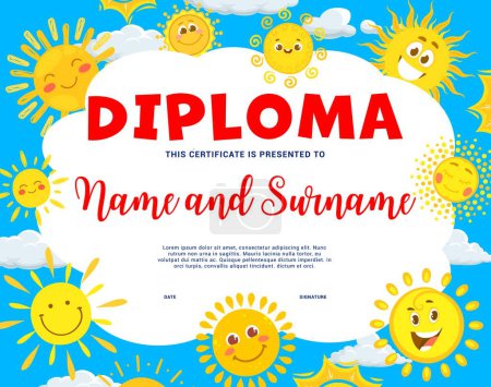 Illustration for Kids diploma. Cartoon sun characters. Children graduation certificate or kids competition winner award or school education achievement vector diploma with shying hot sun cheerful personages faces - Royalty Free Image