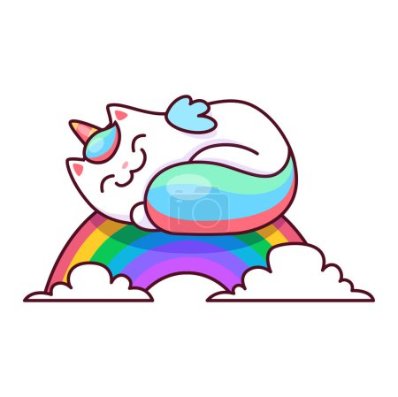 Ilustración de Caricatura lindo personaje de caticorn. Vector kawaii unicornio gato dormir en arco iris con nubes blancas. Personaje divertido gatito mágico con cola colorida, y cuerno. Gatito feliz, animal de fantasía - Imagen libre de derechos