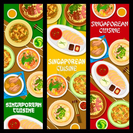 Illustration for Singaporean cuisine food banners, dishes and meals, vector Asian traditional lunch or dinner. Singapore cuisine authentic rice with chicken, noodles soup with wontons and pork ribs meat with chicken - Royalty Free Image