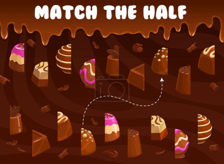 Illustration for Chocolate coconut, praline and fudge, souffle, truffle and jelly, hazelnut candy and bonbon confectionery match a half of candy. Vector game worksheet with cartoon pieces of choco sweet desserts - Royalty Free Image