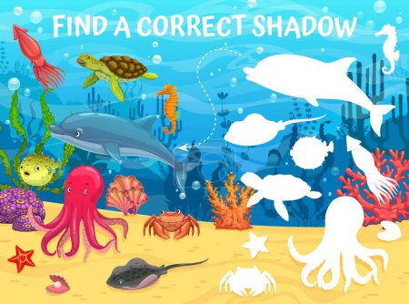 Illustration for Find a correct shadow cartoon underwater landscape and animals. Kids matching game with dolphin, turtle, stingray, octopus and crab. Shell, puffer fish, squid or starfish silhouettes in ocean water - Royalty Free Image