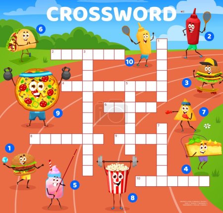 Illustration for Cartoon fast food sportsman characters on running track. Crossword quiz grid. Word search, crossword grid game vector worksheet with tacos, pizza and burger, popcorn, cake personages doing fitness - Royalty Free Image