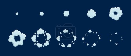 Illustration for Cartoon smoke explosion game sprite asset, animate effect. Vector cloud blasts animation sequence frame. Explode bomb boom, puff steam or powder shot storyboard movement for comics art - Royalty Free Image