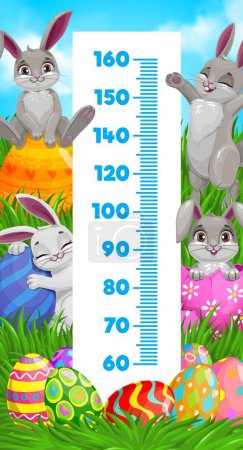 Illustration for Kids height chart with Easter bunnies and eggs, vector cartoon growth meter. Kids height chart or baby measure scale with Easter eggs and bunny rabbits on green grass and spring flowers background - Royalty Free Image