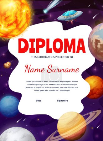 Illustration for Kids astronaut diploma. Galaxy space planets and stars, ufo and comet. Child diploma, elementary school education appreciation vector award or certificate with Sun, Saturn, mars alien saucer spaceship - Royalty Free Image