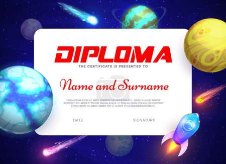 Illustration for Kids diploma. Cartoon starry galaxy, space planets and rocket. Elementary school children graduation diploma or education achievement vector certificate with fantastic alien galaxy planets, spaceship - Royalty Free Image
