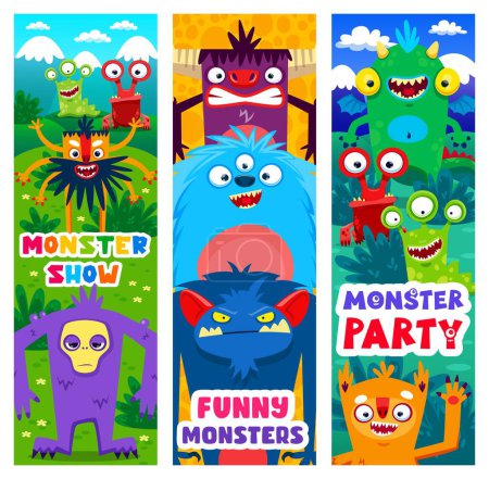 Illustration for Cartoon monster characters. Vector banners, invitation for kids party or show with funny alien personages. Vertical invite cards for holiday event with cute fairy tale friendly beasts personages - Royalty Free Image