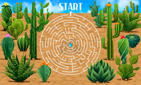 Illustration for Round labyrinth maze mexican prickly cactus succulents. Kids vector board game worksheet with cacti in desert, round path, start and finish. Educational children riddle, preschool boardgame activity - Royalty Free Image
