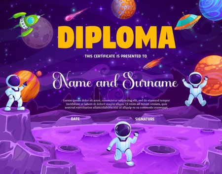 Kids diploma cartoon astronaut on space planet surface. Educational, appreciation or graduation school or kindergarten certificate with cute cosmonaut on purple moon with craters, vector award frame