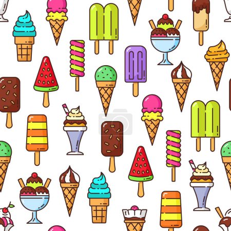 Illustration for Ice cream color frozen sundae, scoop and cone seamless pattern. Popsicle, sorbet and frozen fruit juice wrapping paper decoration, parlour and cafe ice cream sweet dessert thin line vector wallpaper - Royalty Free Image