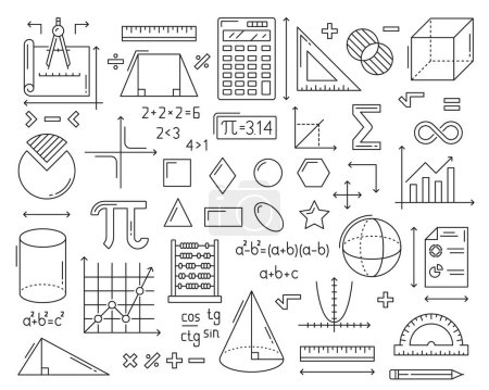 Illustration for Mathematics icons. Geometry cube, cone and sphere figures, algebra formulas, infographics graphs and protractor, ruler, compass mathematics tools outline vector symbols or school educations icons set - Royalty Free Image