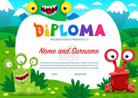 Illustration for Kids diploma cartoon monster characters. Education school or kindergarten certificate vector template with cute and funny aliens or mutants personages at summer landscape. Kids award or graduate frame - Royalty Free Image