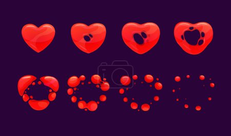 Ilustración de El sprite de explosión del corazón, el marco de la secuencia de animación del vector con el corazón rojo de la historieta desaparece en aire. Conjuro de amor, efecto boom cómic, ui o gui storyboard movimiento y difusión efecto vfx - Imagen libre de derechos