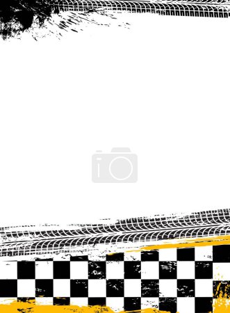 Illustration for Grunge race sport flag background. Motorsport, car racing, motocross or rally competition grungy vector backdrop with automobile, motorcycle dirty tire traces and track finish checkered line or flag - Royalty Free Image