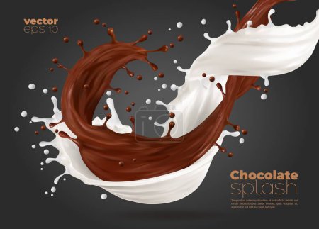 Illustration for Milk and chocolate swirl wave splash. Realistic vector promo background with cocoa and milky flow with drops. Brown and white streams of dessert drink with splatters, liquid 3d dynamic splashing - Royalty Free Image