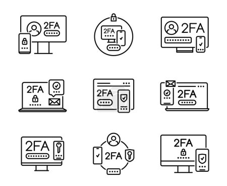 Illustration for 2FA. Two factor verification icons. User authentication, account security and login safety, access protection with password, security code in SMS, cellphone notification or email message outline icon - Royalty Free Image