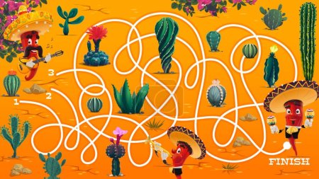 Illustration for Labyrinth maze worksheet, Mexican mariachi and cactus succulent plants in desert, vector puzzle. Labyrinth maze worksheet riddle to chili pepper in sombrero to find road or tangled way escape - Royalty Free Image