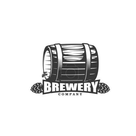 Illustration for Beer brewery icon. Craft beer pub or bar vector symbol. Lager and ale local brewery monochrome label, vintage sign or icon with wooden barrel, hops flowers and typography - Royalty Free Image