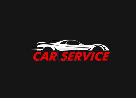 Illustration for Car repair service icon. Vehicle maintenance, classic car restoration and repair mechanic workshop or garage station vector symbol, graphic icon or pictogram with fast moving sport coupe silhouette - Royalty Free Image