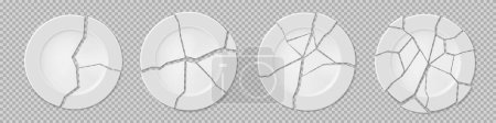 Illustration for Ceramic broken plates with cracks. White vector round dishes with varying degrees of damage. Realistic shattered kitchen porcelain crockery with splinter pieces isolated on transparent background - Royalty Free Image