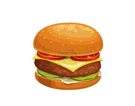 Ilustración de Hamburguesa con queso de dibujos animados. Café de la calle comida rápida, hamburguesa aislada con tomates, queso, carne y pepinos, restaurante comida para llevar hamburguesa o sándwich, vector comida chatarra hamburguesa con queso - Imagen libre de derechos